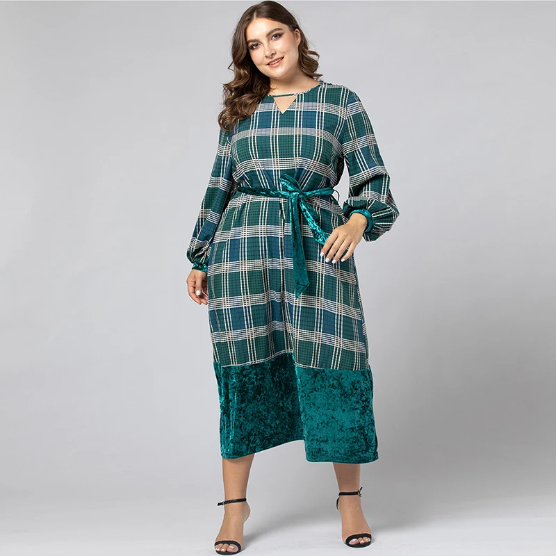 Fioncrow Maxi Dress 2021 Plus Size Casual Green Plaid Dress To Calf V Neck Belted Long-Sleeved Stitching A-line Loose Skirt a line belted asymmetric plaid shirt dress