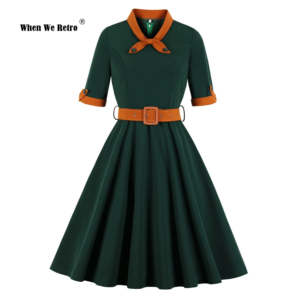 

Green Contrast Bow Neck and Cuff Vintage Belted Dress Half Sleeve Autumn Women Fit and Flare Retro Swing Dresses VD2248