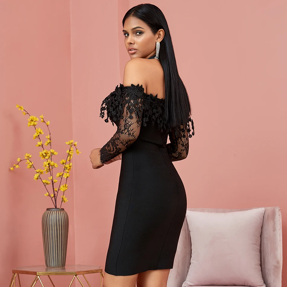 

Seamyla Black Lace Long Sleeve Off The Shoulder Slash Neck Bandage Dress Women Sexy Dresses Bodycon Club Party Evening Vestidos