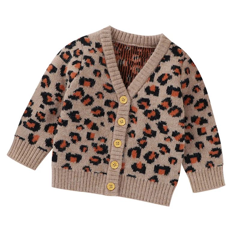 

Newborn Baby Boy Girl Clothes Leopard Print Sweater V-neck Button-up Knitted Cardigan Jacket Kids Casual Tops for Autumn Winter
