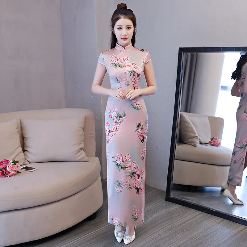 

Pink Flower Print Sweet Long Qipao Women Summer Short Sleeve Slim Cheongsam Elegant Mandarin Collar Classic Chinese Dress
