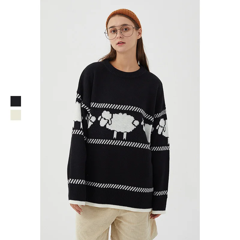 

Couples pullover sweater simple loose cotton sheep crew neck pullover sweater men Korean trend sweater autumn and winter new