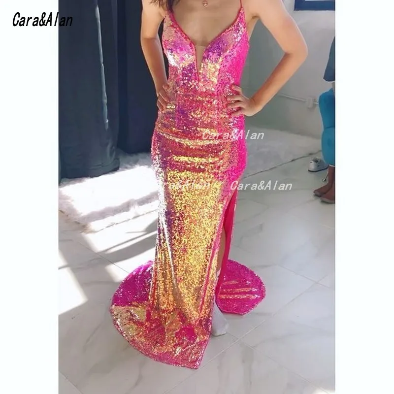 

Candy Colors Sequined Split Prom Dresses 2021 Long Evening Dress Woment Party Abendkleider robe de soire de mariage