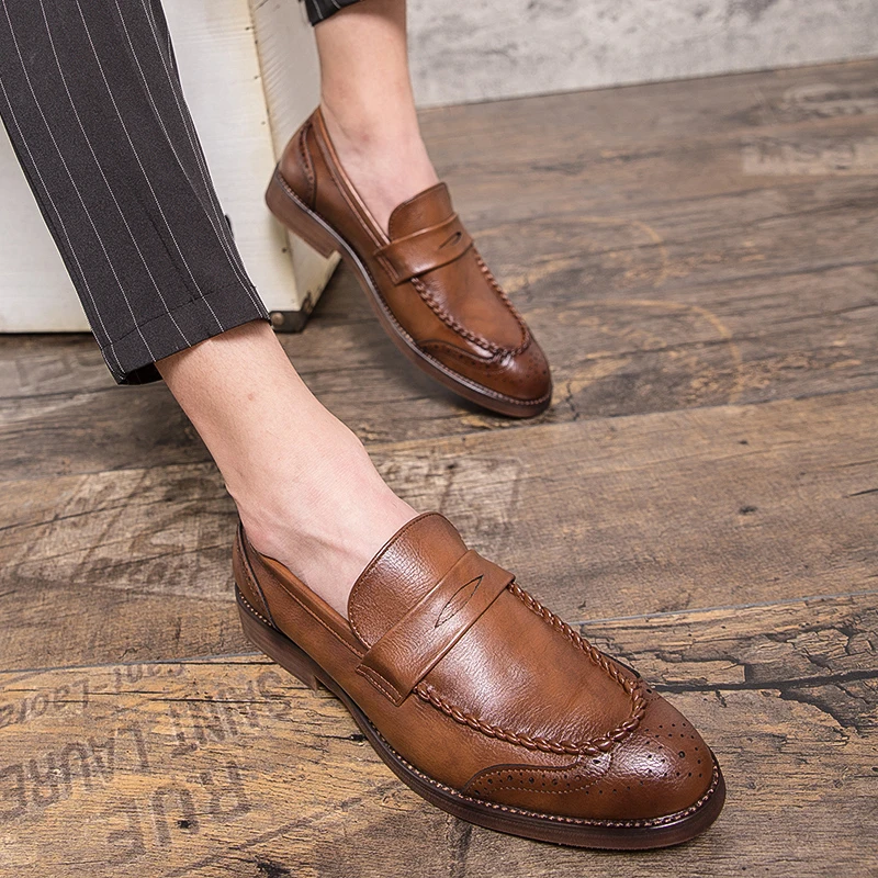 

Designer Fashion Mens Loafers slip on Leather Handmade Black Brown Casual Business Dress Shoes men Party Wedding shoes Footwear