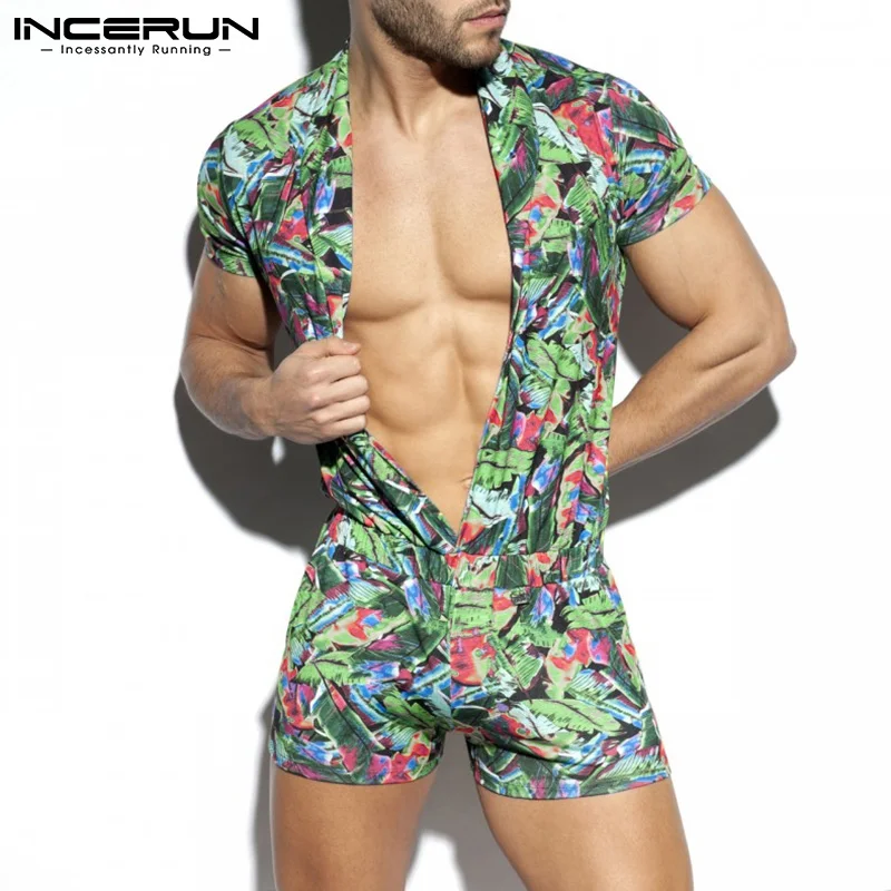 

INCERUN Men Rompers Printed V Neck Short Sleeve Vacation 2021 Casual Hawaiian Jumpsuit Breathable Streetwear Shorts Men Overalls