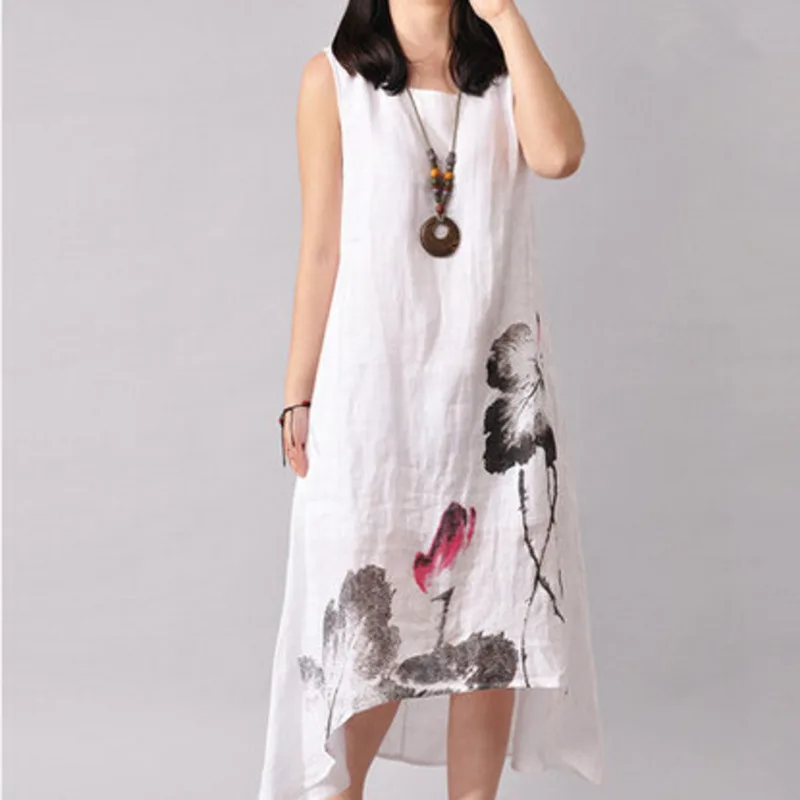 Женское платье из хлопка и льна с круглым вырезом без рукавов | Женская одежда