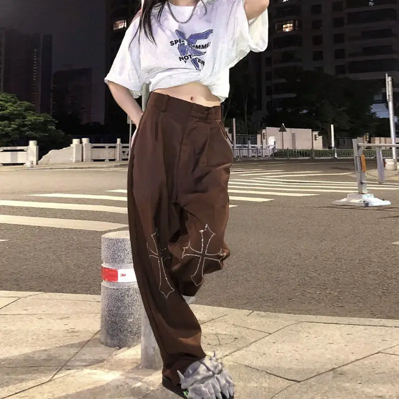 

Женские винтажные брюки HOUZHOU, коричневые мешковатые широкие брюки в стиле 90-х, повседневные штаны в стиле хиппи