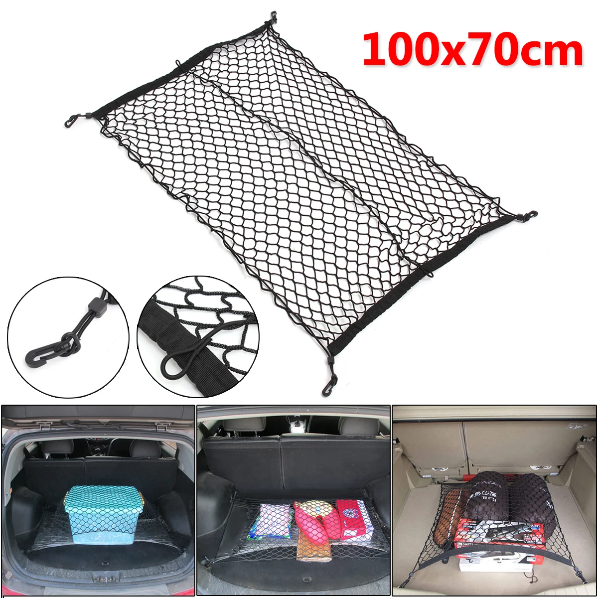 

x-100cm x 70cm Black Nylon Car Trunk Net Luggage Storage Organizer Bag Rear Tail Mesh Network With 4 Hooks