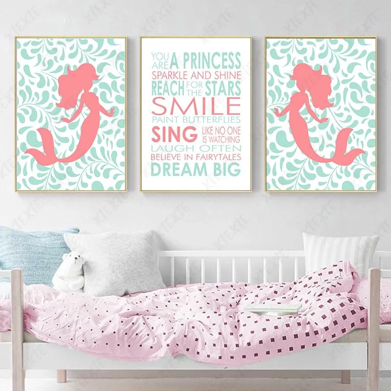

Cartoon Mermaid Canvas Painting Art Poster Princess Fantasy Craft Wallpaper Nursery Print Picture Decoration Home Bedroom
