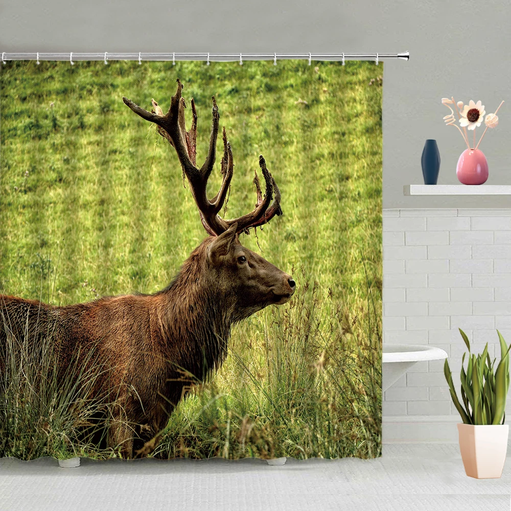 

Cows Shower Curtain Giraffe Leopard Rabbit Elephant Wolf Deer Animals Forest Grass Background Decoration Washable With Hooks Set