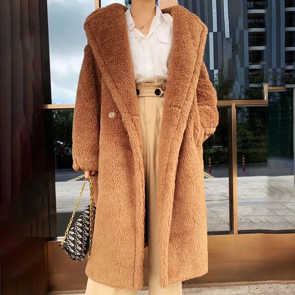 

2020 New Women Fashion Real Sheep Fur Over Coat Long Style Girl Leisure Solid Teddy Color Wool Jacket Over Size Parkas