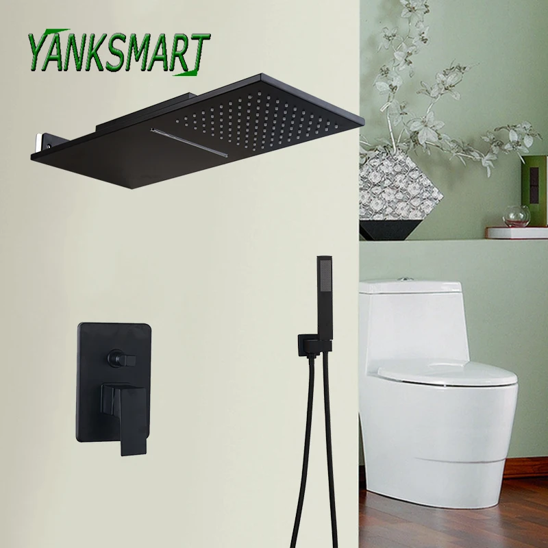 

YANKSMART Luxury Bathroom Black Lacquered Wall Mounted Rainfall Shower Faucets Set Head & Handle Shower Mixer Shower Sets