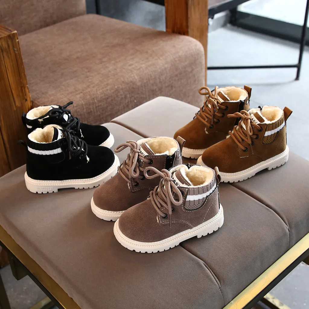 

Детские Зимние ботильоны Martin, детские милые меховые ботинки на шнуровке для мальчиков и девочек, кожаная теплая мягкая обувь, детские корот...