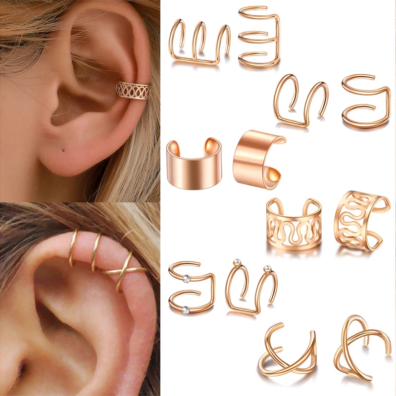 Punk Ear Cuff Gold Color Leaves Non-Piercing Ear Clips Fake Cartilage Earrings Clip Earrings For Women Men Wholesale Jewelry