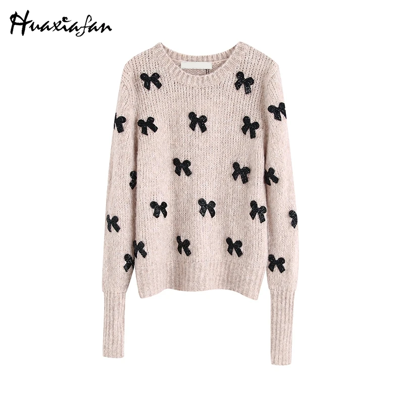Huaxiafan вязанные свитера для женщин пуловер с круглым вырезом повседневные