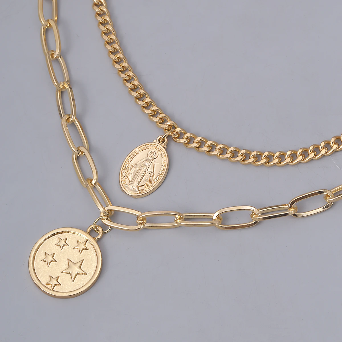 

SHIXIN 2 Pcs/Set Punk Layered Chain With Coin Pendant Necklace for Women/Men Long Chunky Necklaces on Neck Fashion Jewelry Gifts
