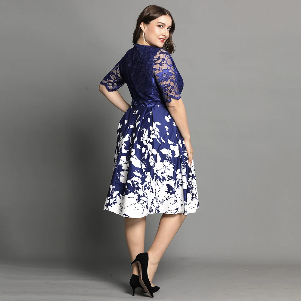 

Fashion Vintage Womens Plus Size Work Dress 2021 Spring Party A-Line Dress Ladies Sexy V-neck Swing Knee Length Dresses D30