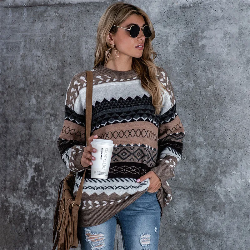 

Vintage Casual Print Women Sweater 2020 Winter Fashion O-neck Lantern Sleeves Loose Sweater