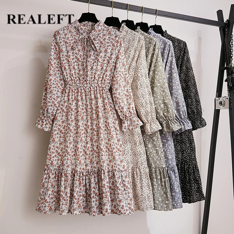 REALEFT осень высокая талия шифон Лук миди платье трапециевидной формы для женщин с