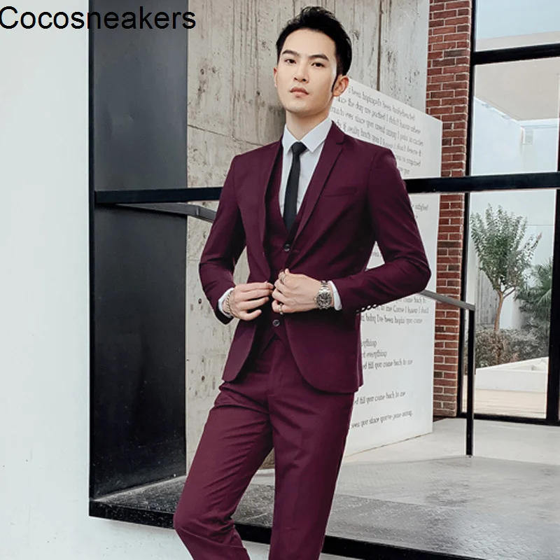 

2021 men's solid color two button suit set men's suit three piece set