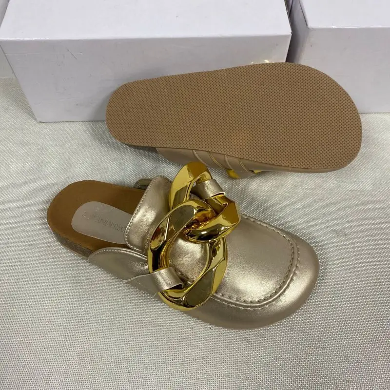 

New Brand Design Gold Chain Women Slipper Closed Toe Slip On Mules Shoes Round Toe Low Heels Casual Slides Flip Flop Summer 2021