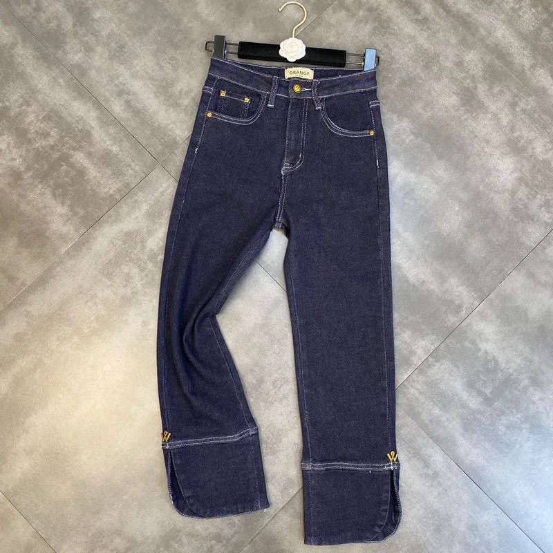 

ZCSMLL Fall 2021 Trousers for Women Solid Color Split Feet Stitching, Metal Letters, Thin Denim Korean Fashion 9-point Pants