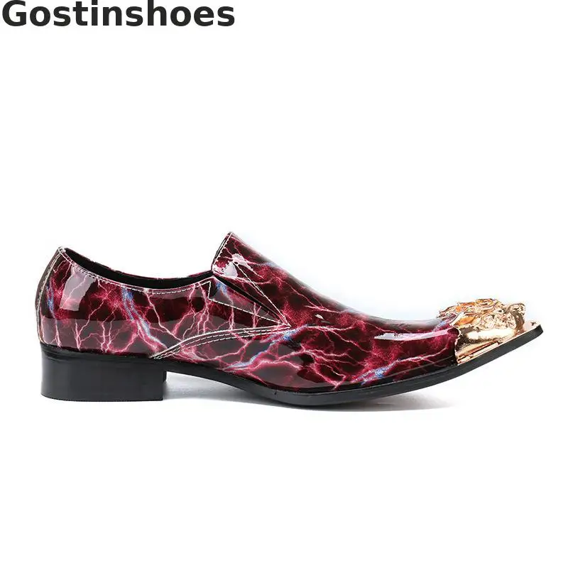 Shining Red Genuine Leather Shoes Flash Light Printed Classic Men Fashion Loafers Golden Metal Capped Toe Slip-on | Обувь