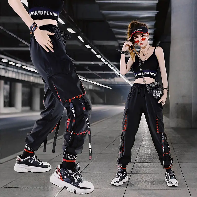 

Joggers Womens Cargo Pants Hip Hop Mutli Pockets Female Sweatpants Streetwear Ribbons Casual Trousers BF Ladies Techwear Pants