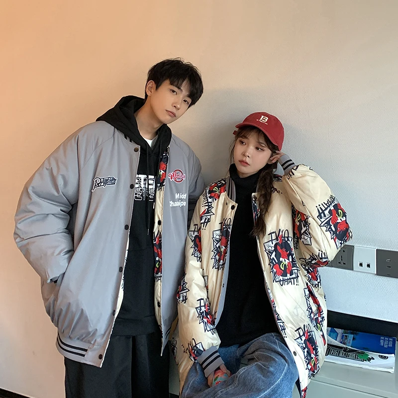 2021 men winter Parka reversible Anime Printed cotton coat japanese fashion streetwear oversized hippie Jacket couple clothes