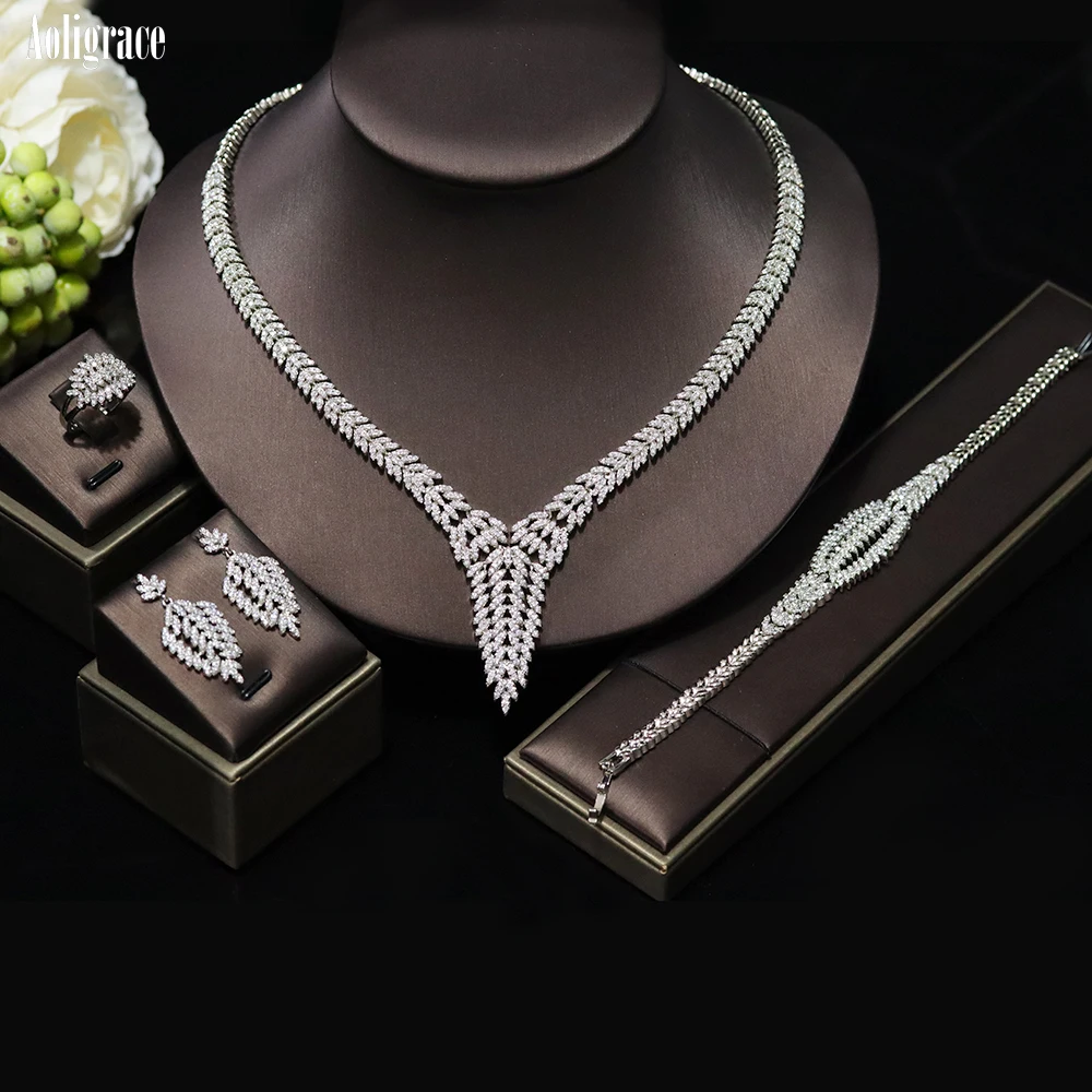

Luxury Cubic Zirconia Bridal Jewelry Set Zircon African Arabic Necklace Earrings Ring and Bracelet Set 4pcs For Wedding Party
