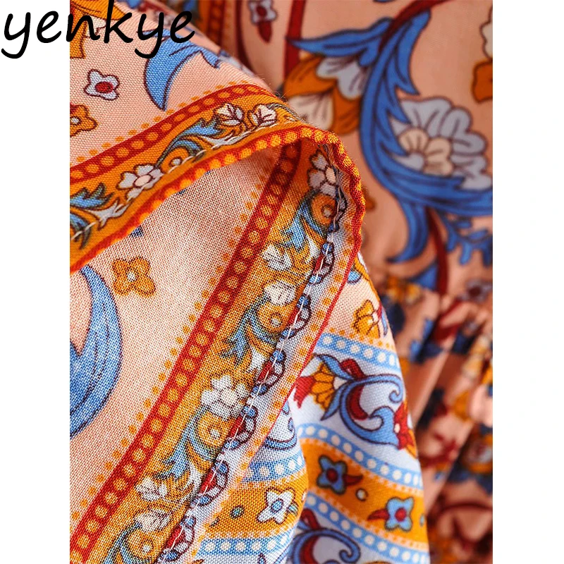 

Vintage Floral Print Holiday Boho Dress Women Lace Up O Neck Long Sleeve Sashes A-line Long Dress Summer Casual Dress Plus Size