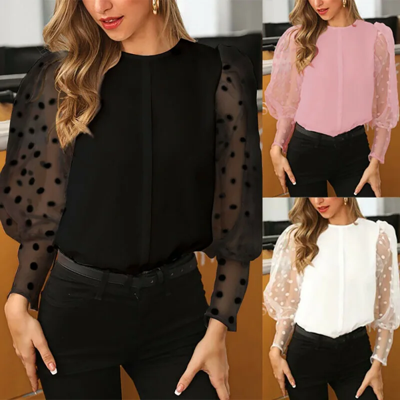 

Hot Sale Fashion Women Polka dot long lantern sleeves, splicing design, fresh and sweet casual style Sleeve Loose Chiffon Shirt