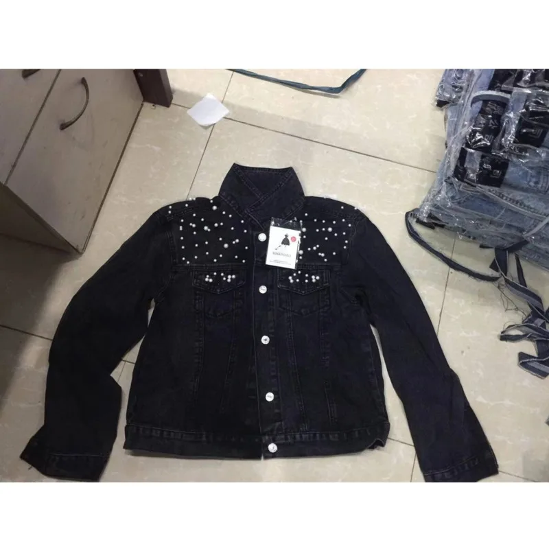 

2021 Spring Summer Fashion Womens Denim Jacket Full Sleeve Loose Button Pearls Short Lapel Wild Leisure Girls Jeans Jacket Tops