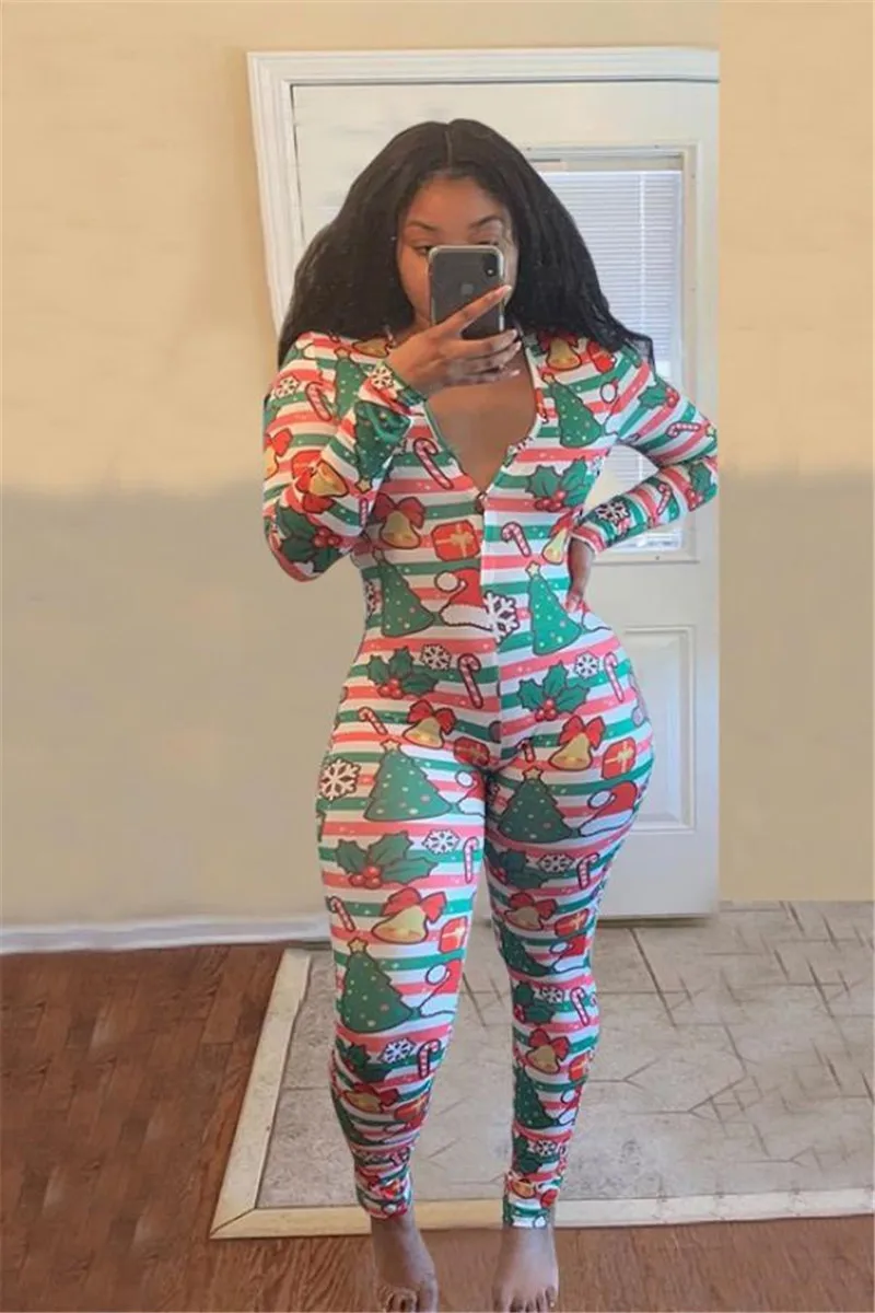 

2020 Sexy Women Deep V-neck Sleepwear Jumpsuit Romper Leotard Long Sleeve Christmas Halloween Print Button Jumpsuits Long Pants