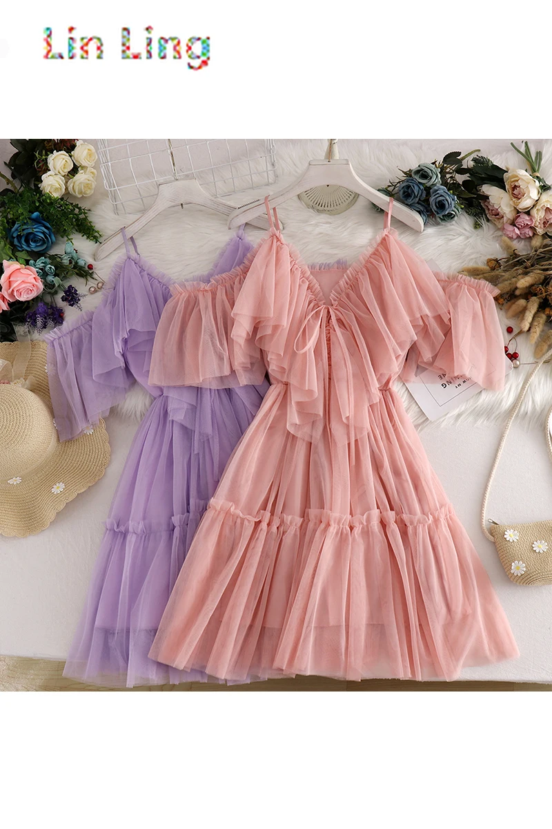 

LinLing Elegant Ruffle Mesh Dress Women 2021 Summer New Solid Sweet Dresse Sexy Off Shoulder Vestidos De Mujer