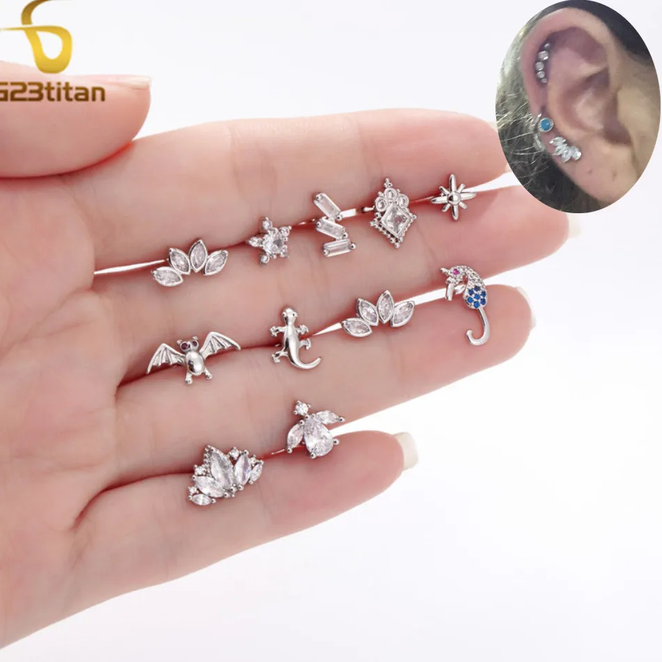 1PC 16G Cartilage Earring Flower Crown Star Gecko Penguin Bat Hippocampus Ear Piercing Jewelry Helix Daith Conch Tragus Earrings