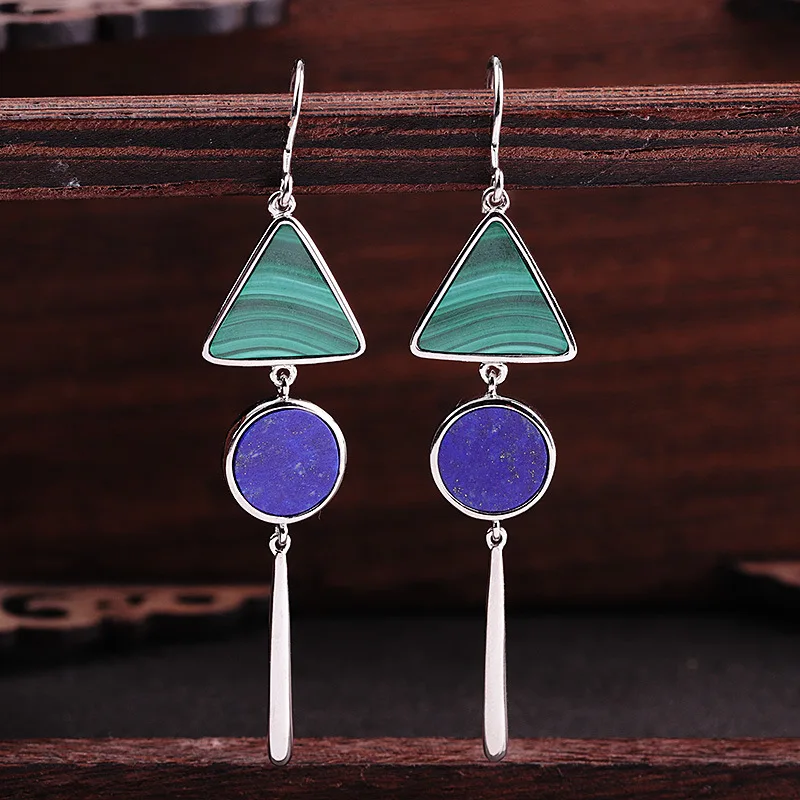 

S925 Sterling Silver Jewelry Personalized Earrings Long Malachite Lapis Ladies Earrings