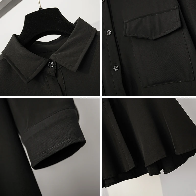 

4XL Plus Size Women Black Long Shirt Dresses Spring 2021 Fashion Turn-down Collar Long Sleeve Loose Casual Ruffle Mermaid Dress