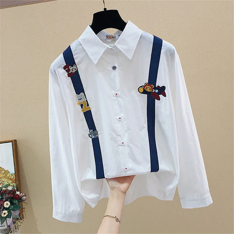 

2020 autumn new preppy style cute cartoon cotton blouse women white print bear blouses embroidery shirts female