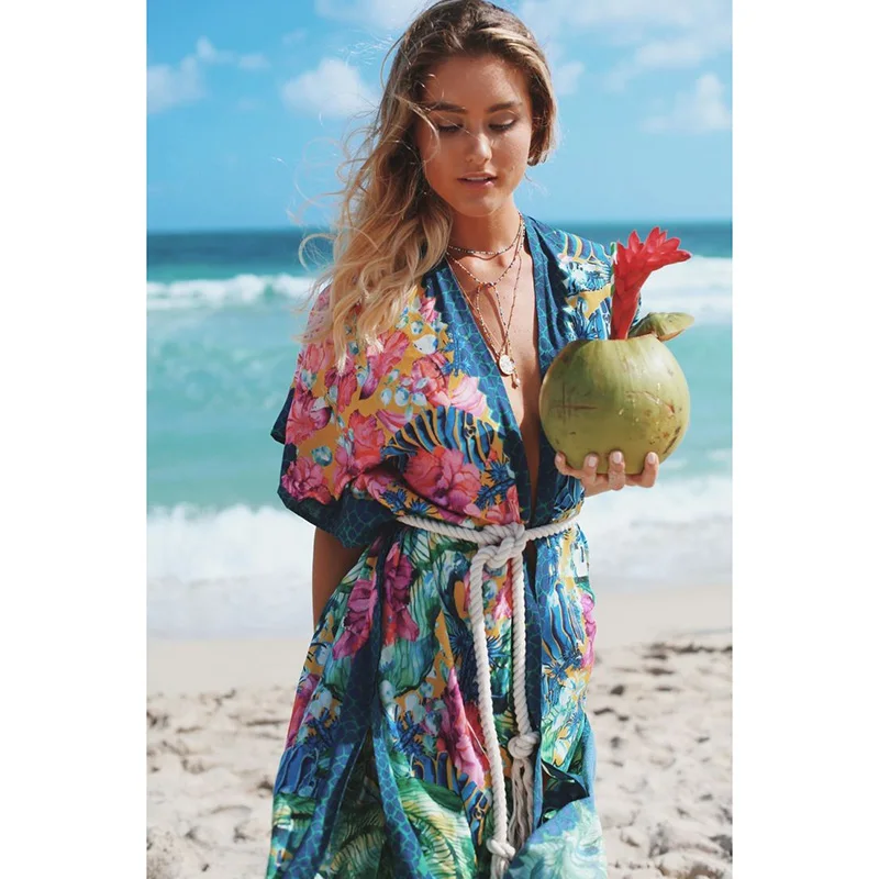 

2021 Women Swimsuit Cover Up Sleeve Kaftan Beach Tunic Dress Robe De Plage Solid White Cotton Pareo High Collar Beachwear