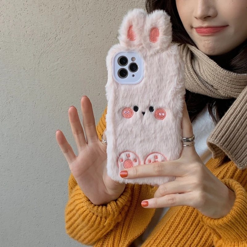 

Милый мультяшный кролик пушистый мягкий чехол для телефона iPhone 13 Pro Max 12 11 Pro Max X Xs Max Xr 7 8 Puls оболочка Зимний теплый плюшевый чехол