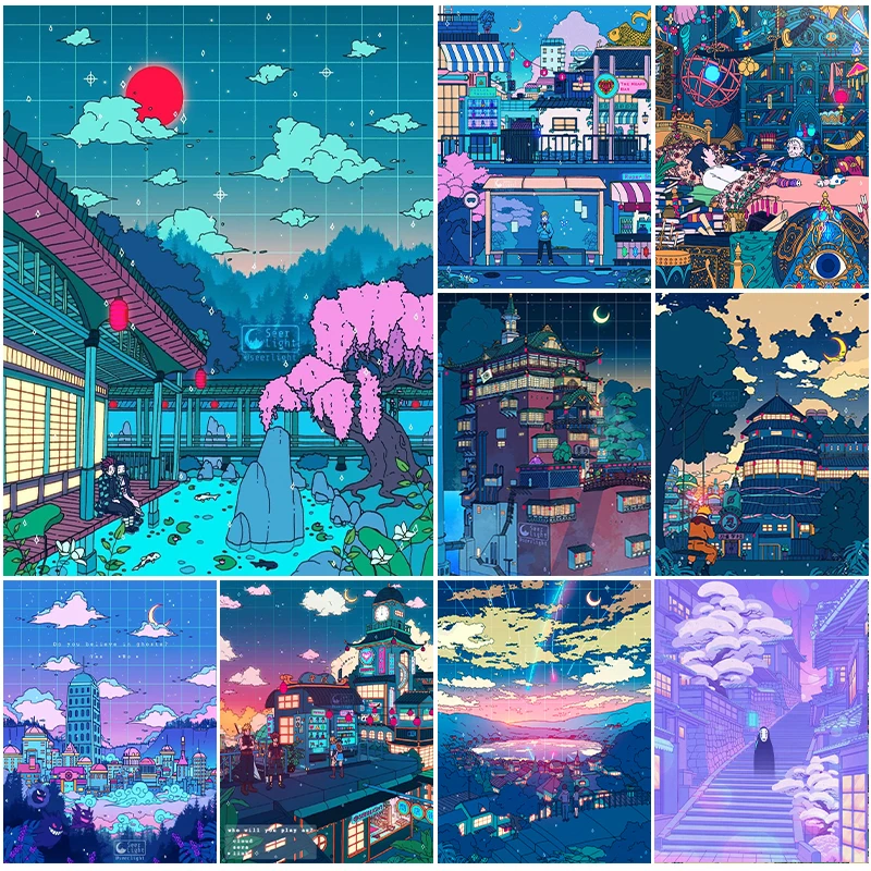 

Настенное искусство аниме HD мультфильм вид улица Холст плакат украшение для дома ночное дерево милая картина спальня модульные плакаты