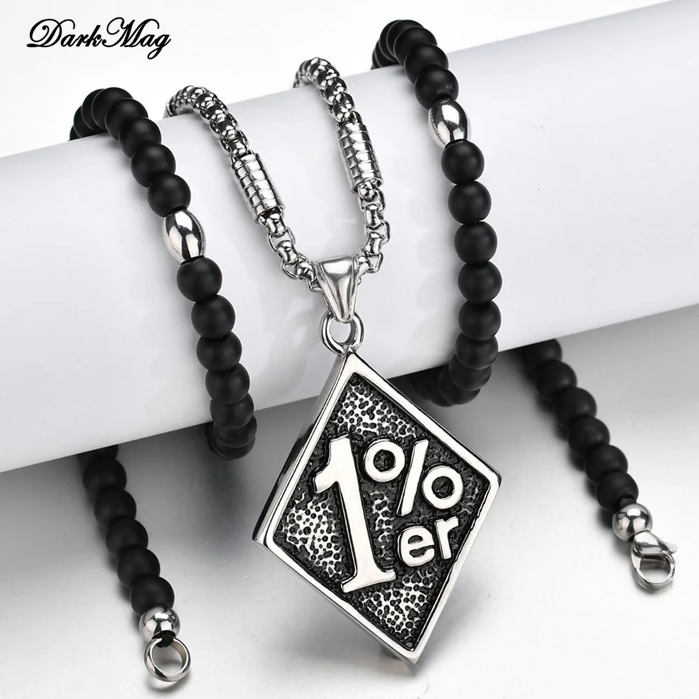 

DarkMag Silver Color 316L Stainless Steel Outlaw One Percent 1% ER Necklace Black Beads Motorcycle Biker Men's Necklace