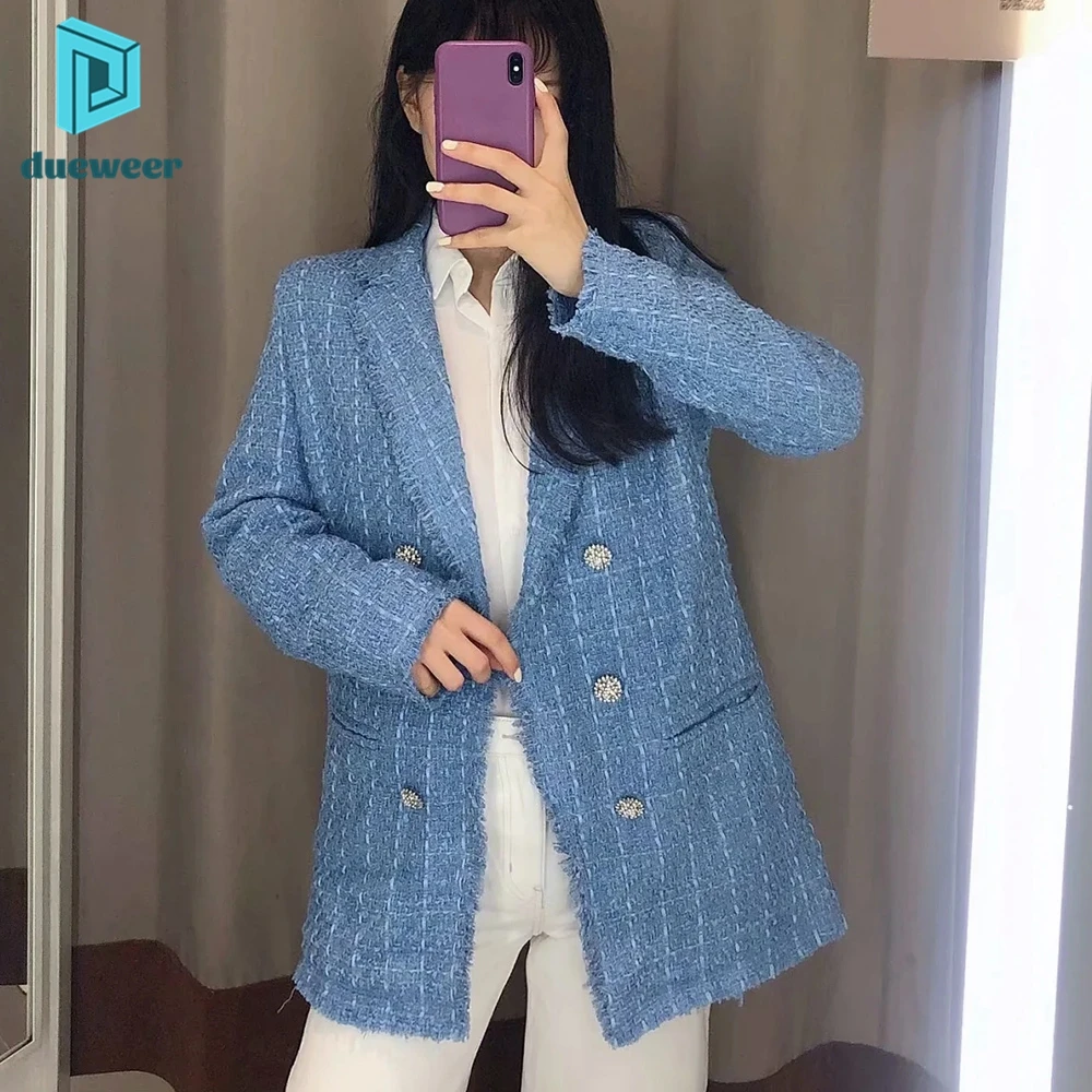 

Женский твидовый Блейзер DUEWEER, синий элегантный модный винтажный свободный пиджак, куртки, повседневные женские уличные костюмы, 2021