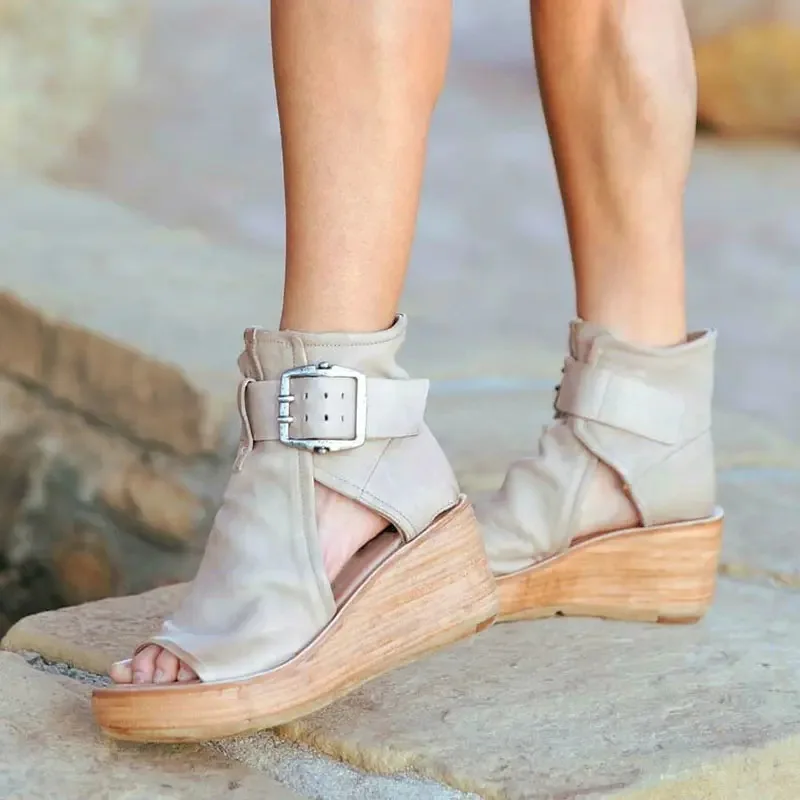 

Women High Heels Platform Wedge Sandals Women Closed Toe Buckle Romen Women Shoes Solid Color High Heels Sandalias De Mujer