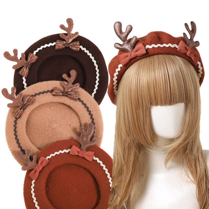 

Reindeer hat hand made Japanese soft sister LOLITA bowknot beret qiu dong female painter antlers cap