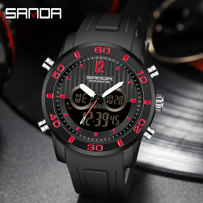 

Часы SANDA Мужские кварцевые с двойным дисплеем, спортивные водонепроницаемые светящиеся в стиле милитари, S Shock, 5 атм