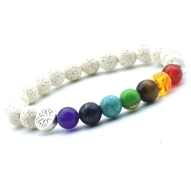 8mm Seven Chakras Tree of Life Charms White Lava Stone Beads DIY Aromatherapy Essential Oil Diffuser Bracelet Yoga Jewelry | Украшения и