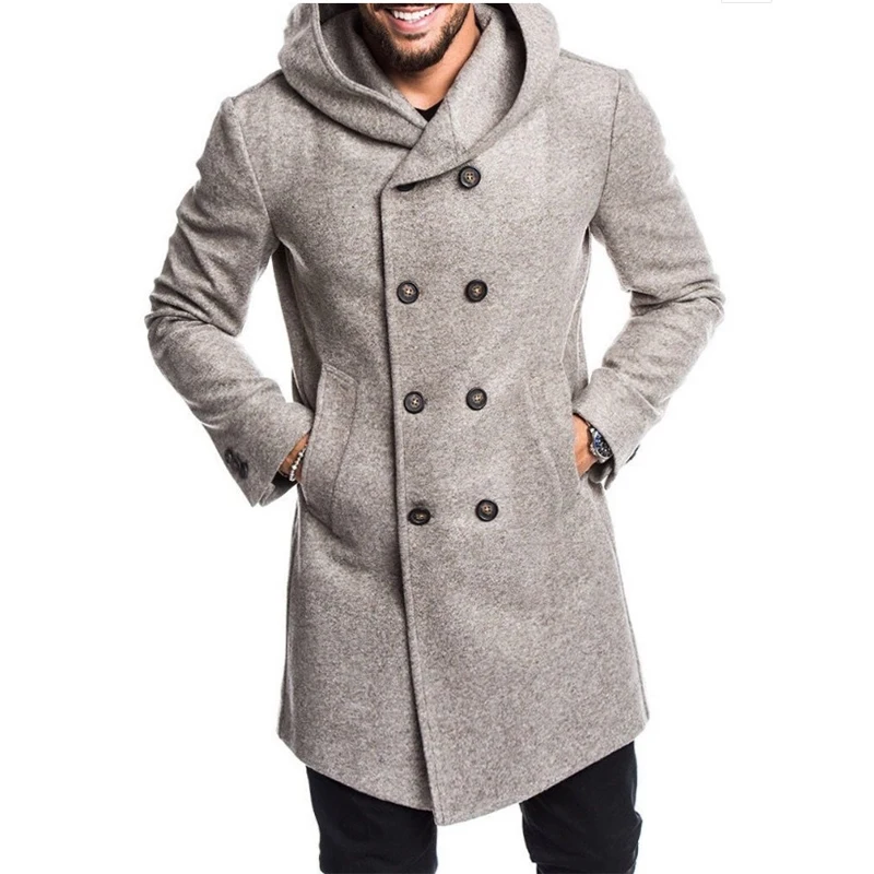 

Мужское двубортное шерстяное пальто средней длины с капюшоном, модное повседневное молодежное теплое качественное свободное шерстяное па...