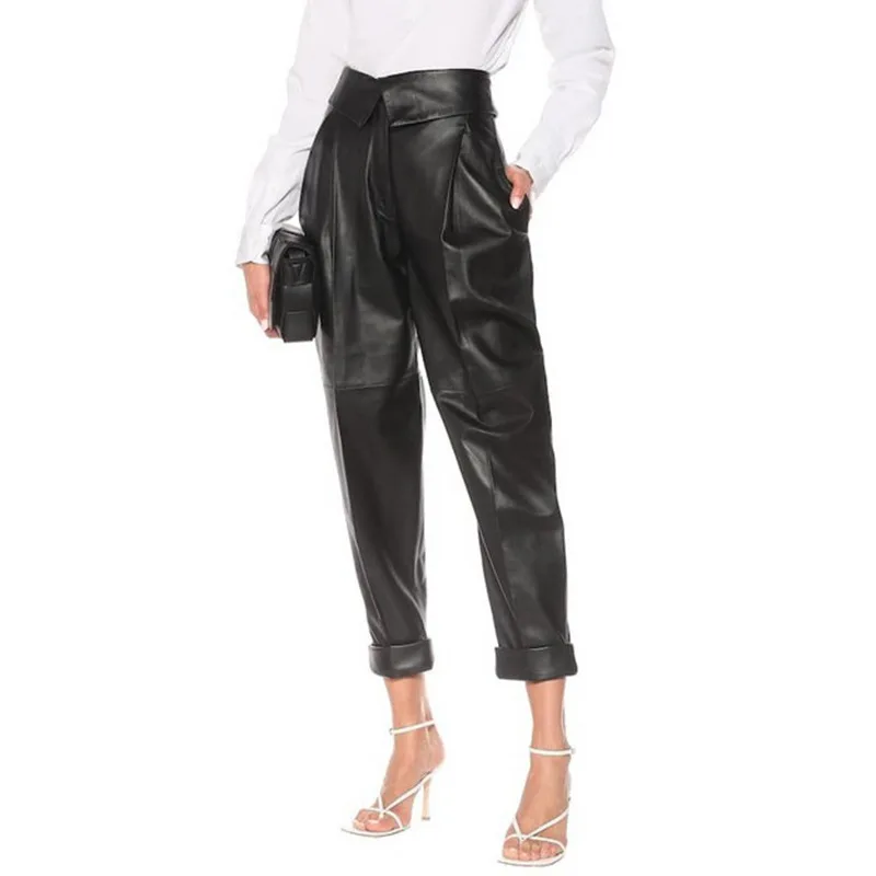 

Vangull PU Leather Harem Pants For Women Spring High Waist Ankle Length Trousers Female Fashion Black Casual New Clothing 2021
